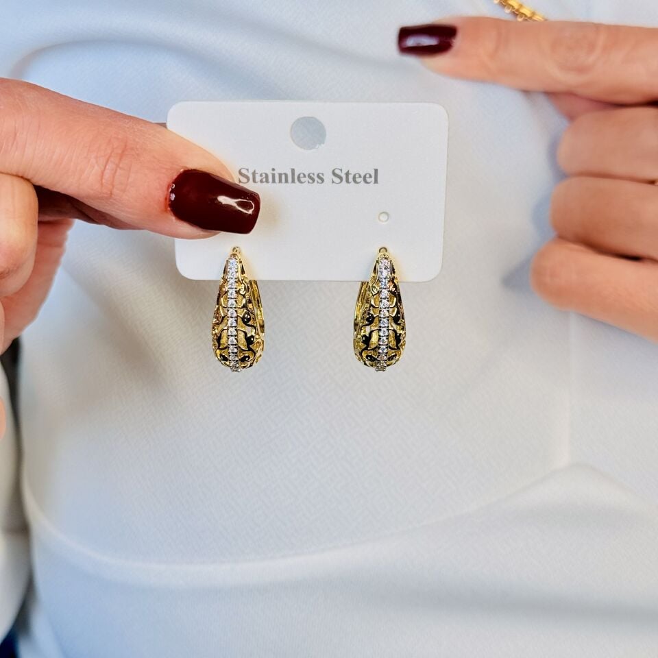 Gold Bag Paslanmaz Çelik Zirkon Taşlı Küpe