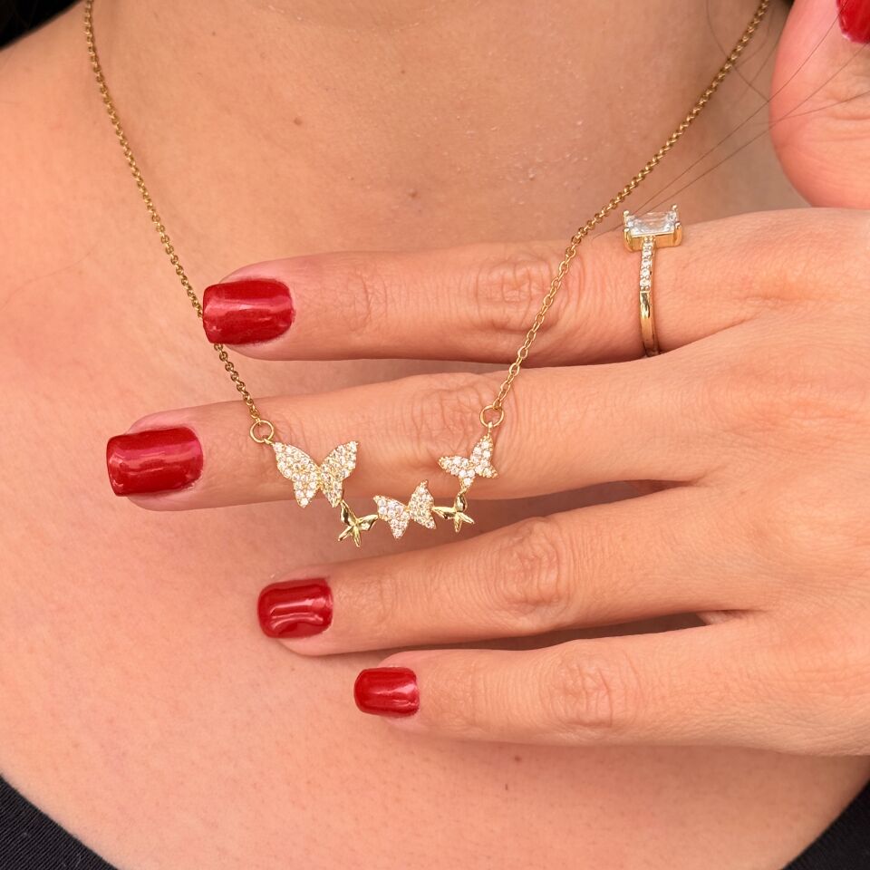 Üç Kelebek Paslanmaz Çelik Zirkon Taşlı Kolye Gold