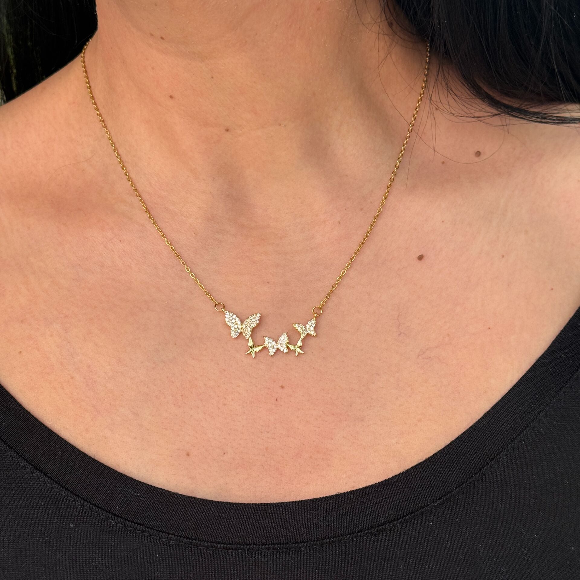 Üç Kelebek Paslanmaz Çelik Zirkon Taşlı Kolye Gold