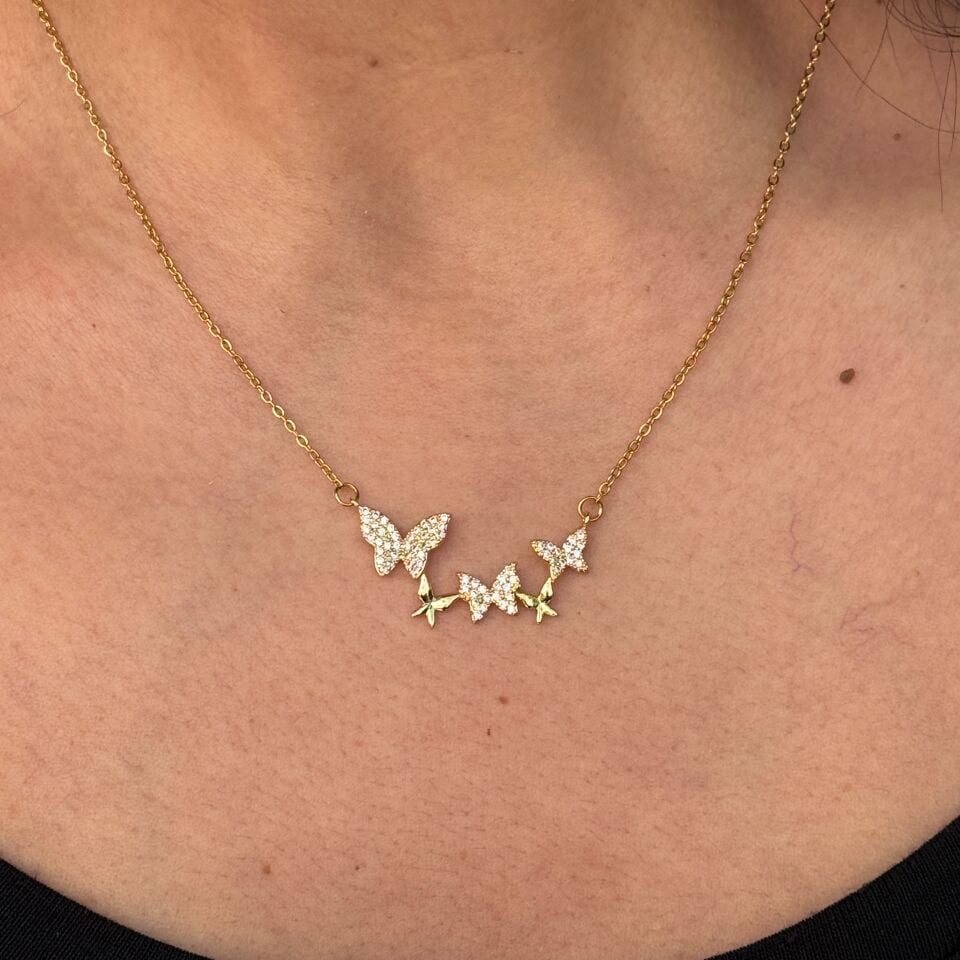 Üç Kelebek Paslanmaz Çelik Zirkon Taşlı Kolye Gold