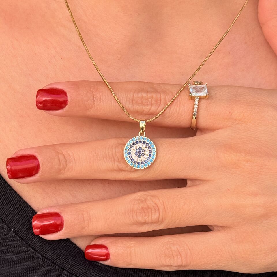 Oval Nazar Paslanmaz Çelik Zirkon Taşlı Kolye Gold