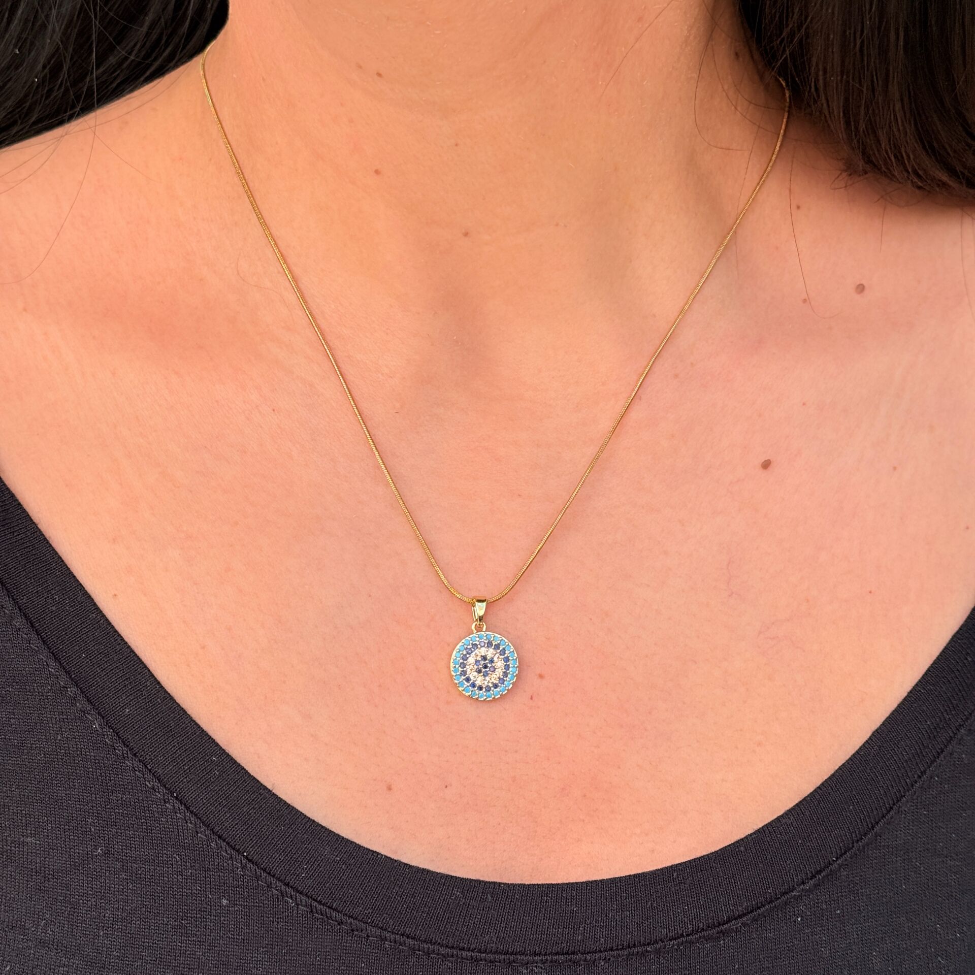 Oval Nazar Paslanmaz Çelik Zirkon Taşlı Kolye Gold