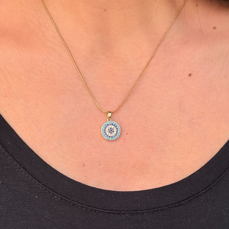 Oval Nazar Paslanmaz Çelik Zirkon Taşlı Kolye Gold