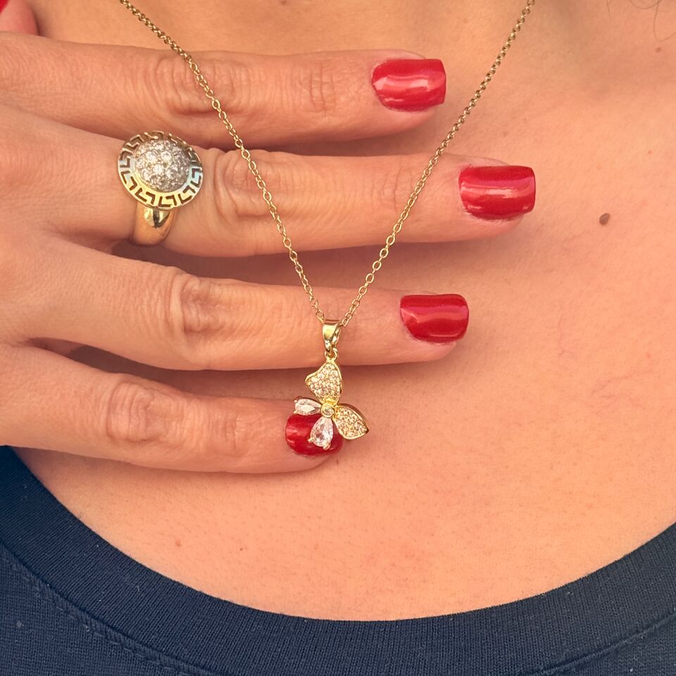 Zarif Kelebek Paslanmaz Çelik Zirkon Taşlı Kolye Gold