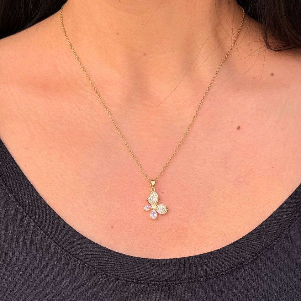 Zarif Kelebek Paslanmaz Çelik Zirkon Taşlı Kolye Gold