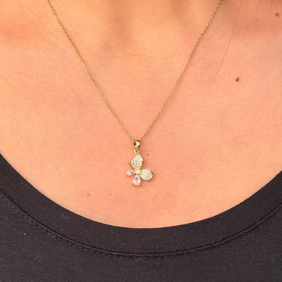 Zarif Kelebek Paslanmaz Çelik Zirkon Taşlı Kolye Gold