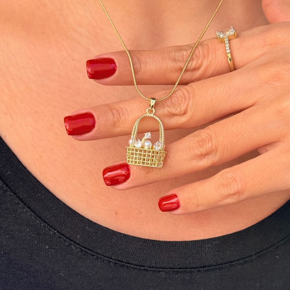 Çiçek Sepeti Zirkon Taşlı Paslanmaz Çelik Kolye Gold