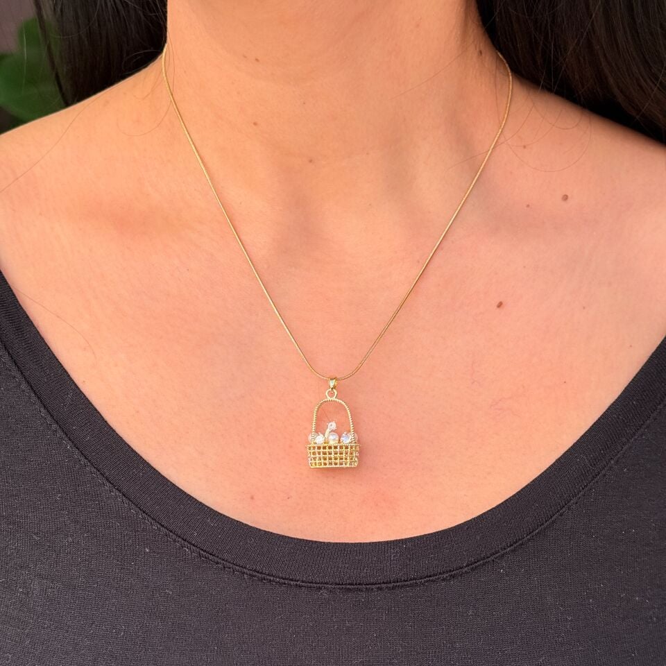 Çiçek Sepeti Zirkon Taşlı Paslanmaz Çelik Kolye Gold