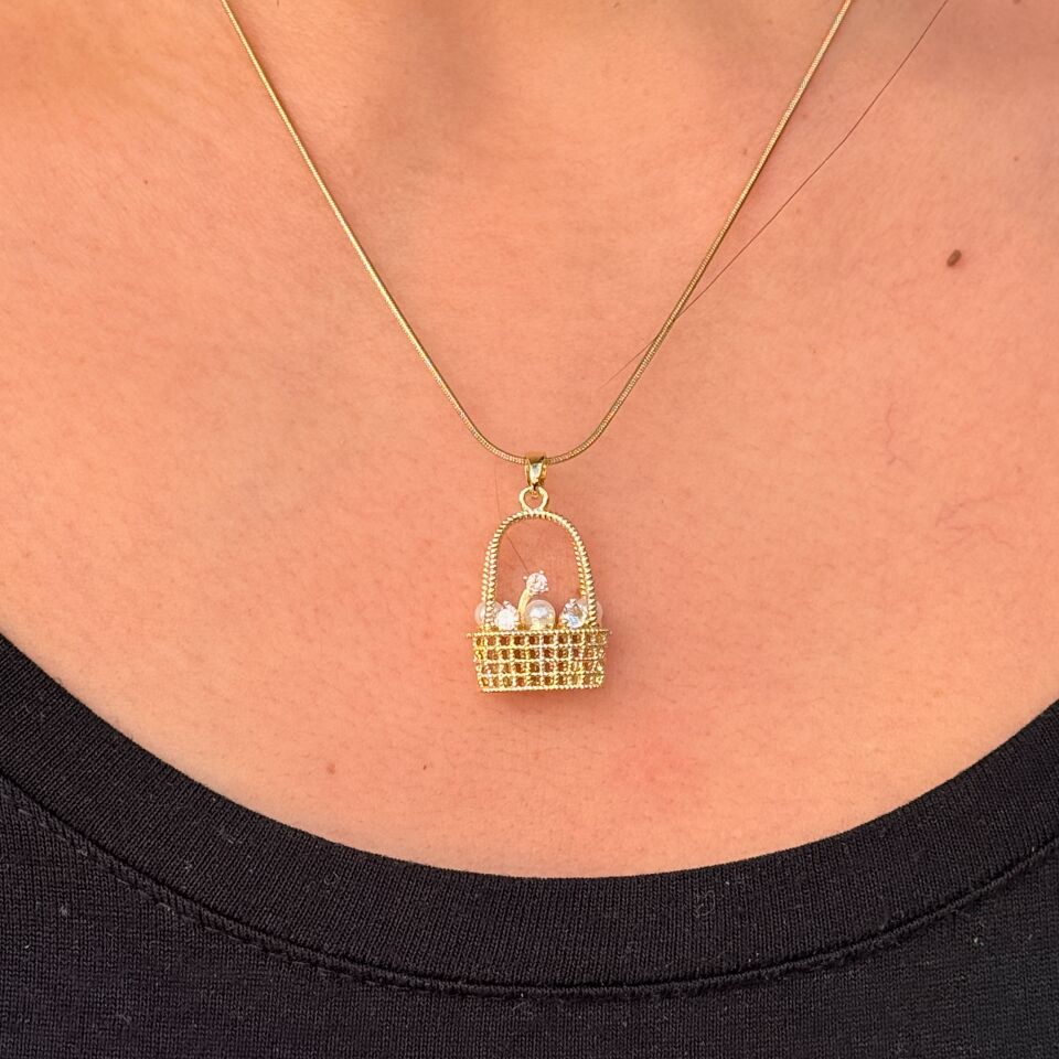 Çiçek Sepeti Zirkon Taşlı Paslanmaz Çelik Kolye Gold