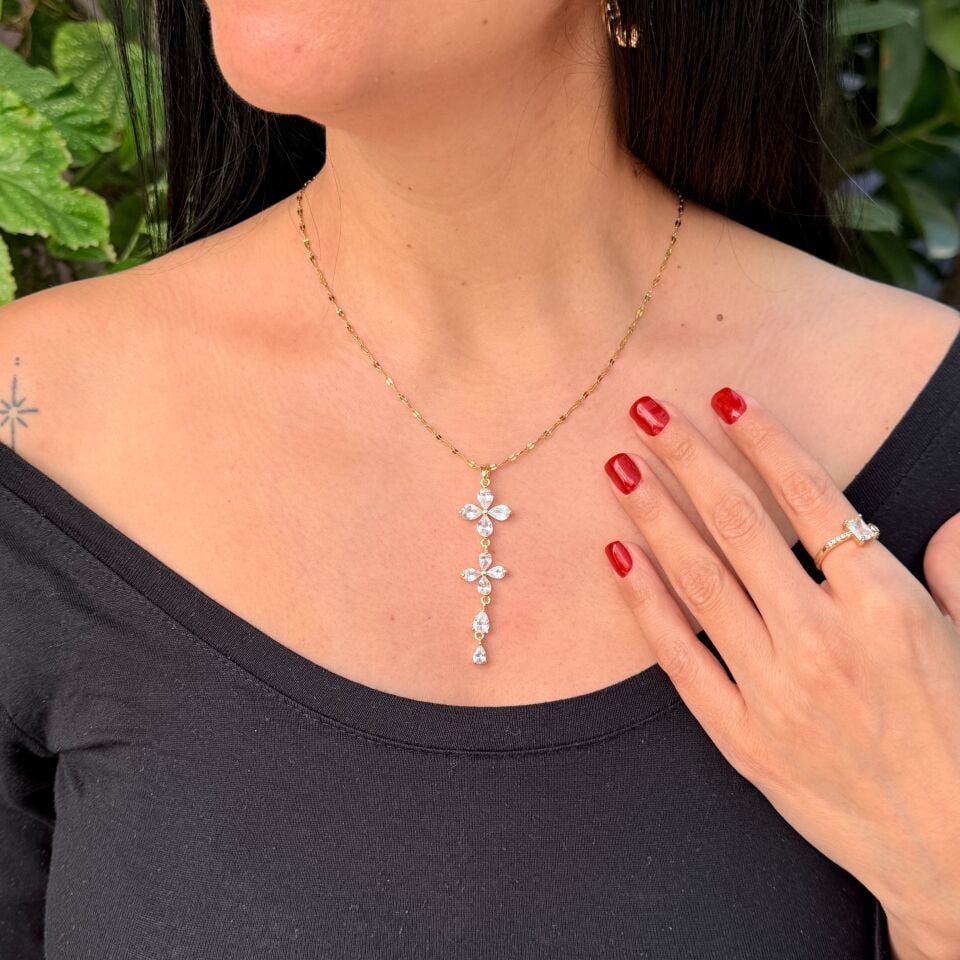 Bahar Zirkon Taşlı Paslanmaz Çelik Kolye Gold