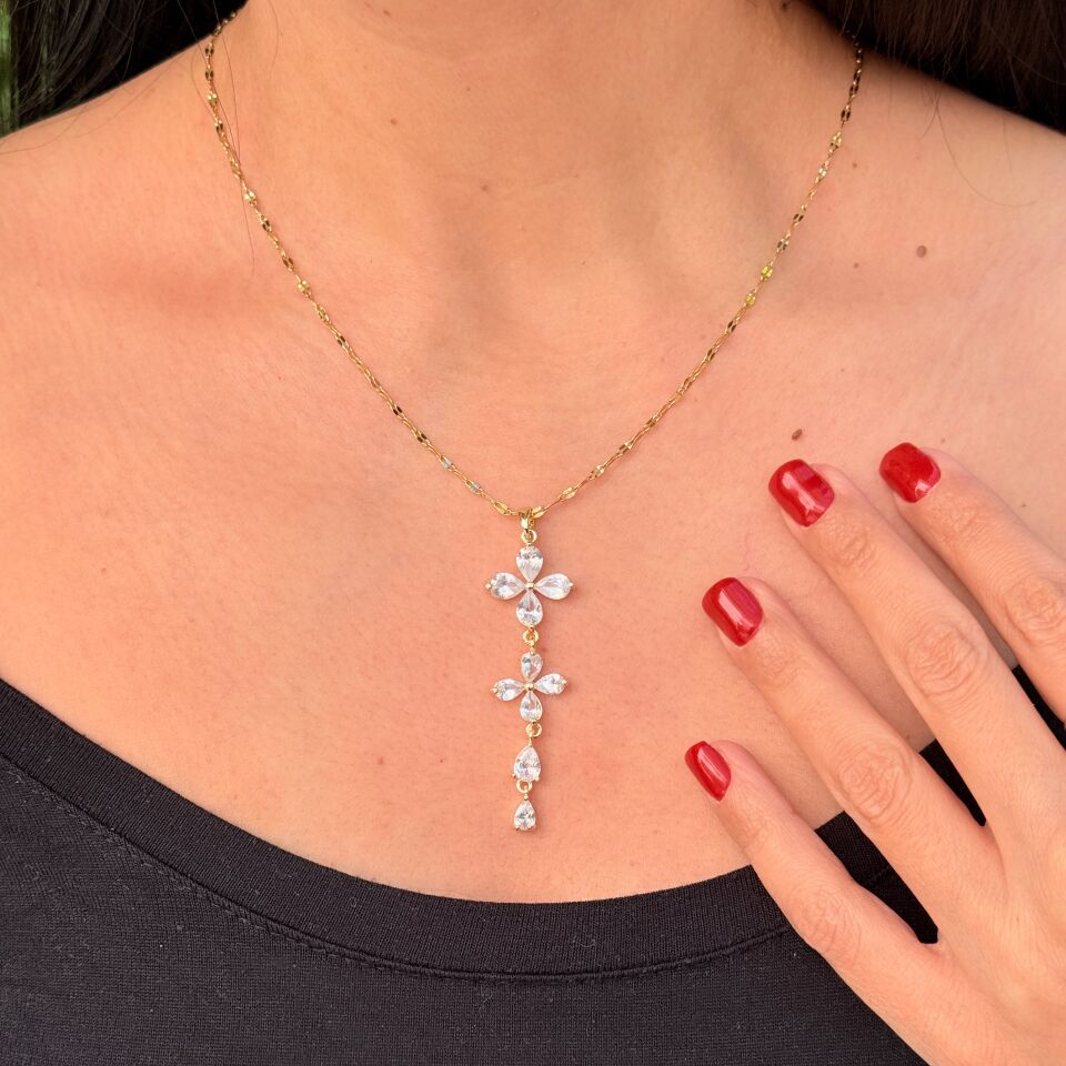 Bahar Zirkon Taşlı Paslanmaz Çelik Kolye Gold