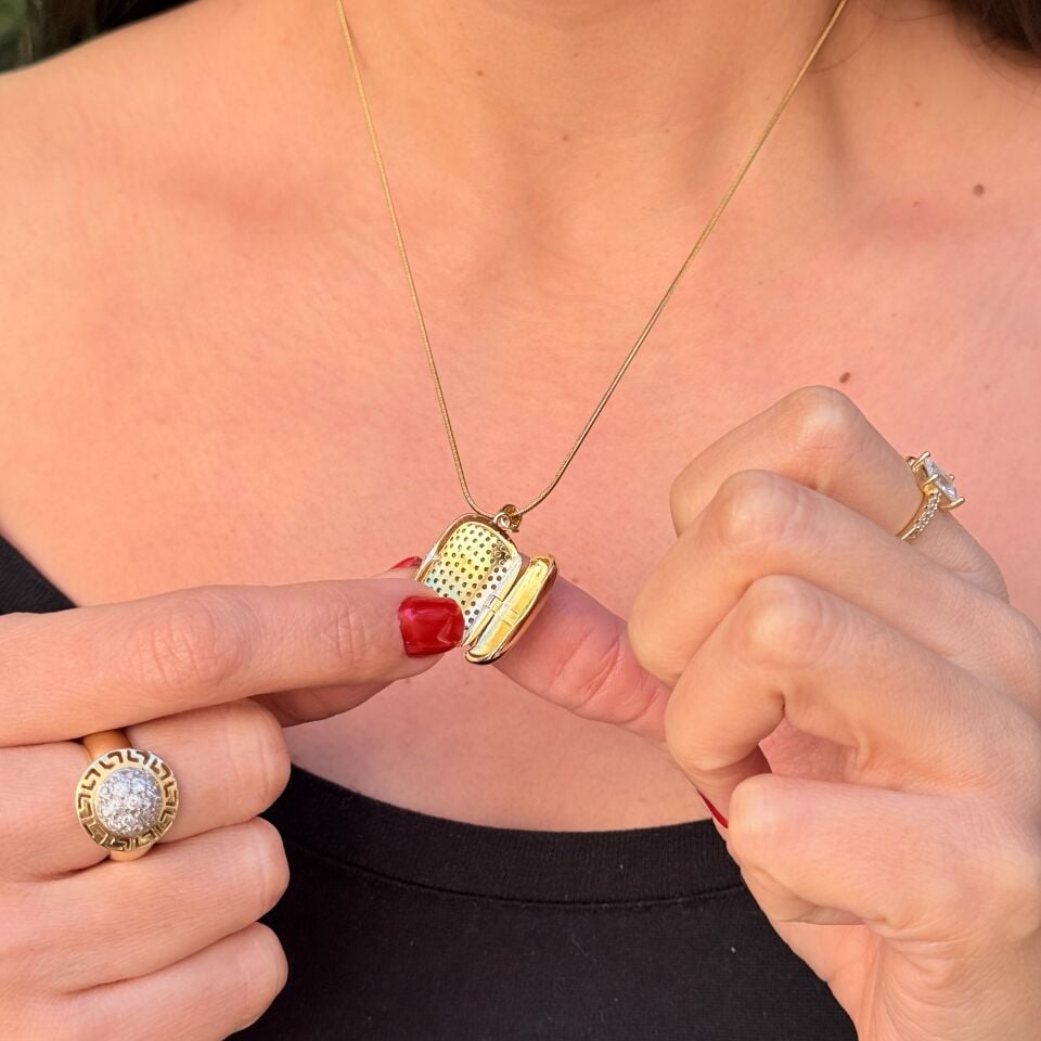 Baget Zirkon Taşlı Kapaklı Kolye Çelik Gold