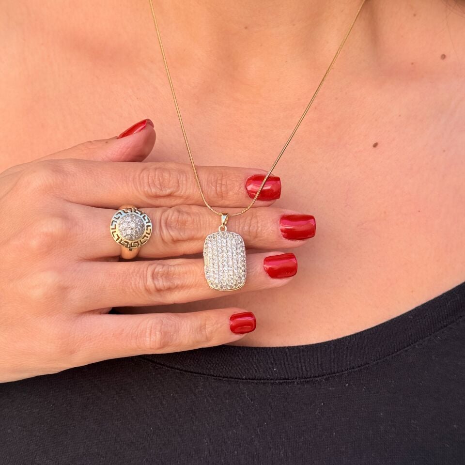 Baget Zirkon Taşlı Kapaklı Kolye Çelik Gold