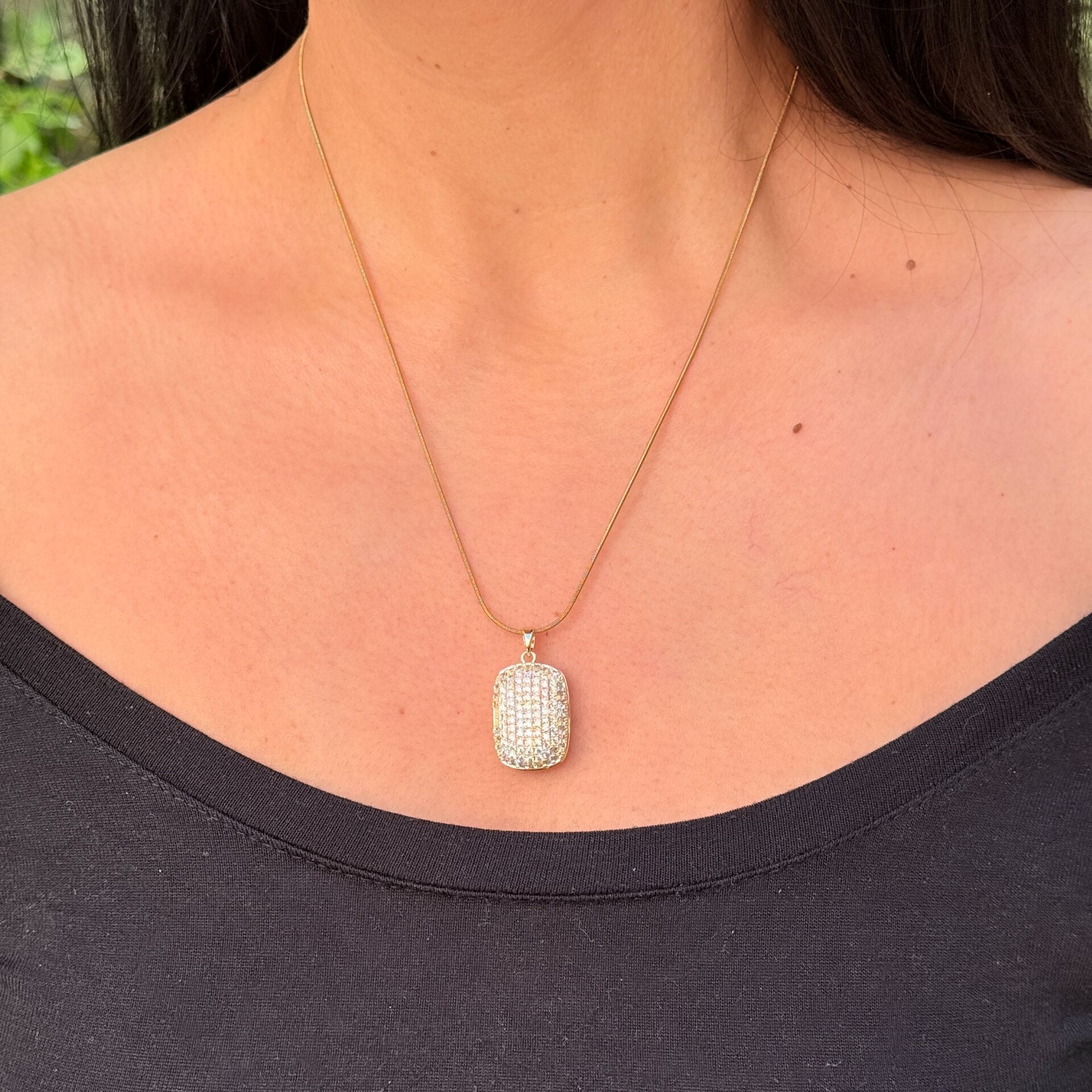 Baget Zirkon Taşlı Kapaklı Kolye Çelik Gold