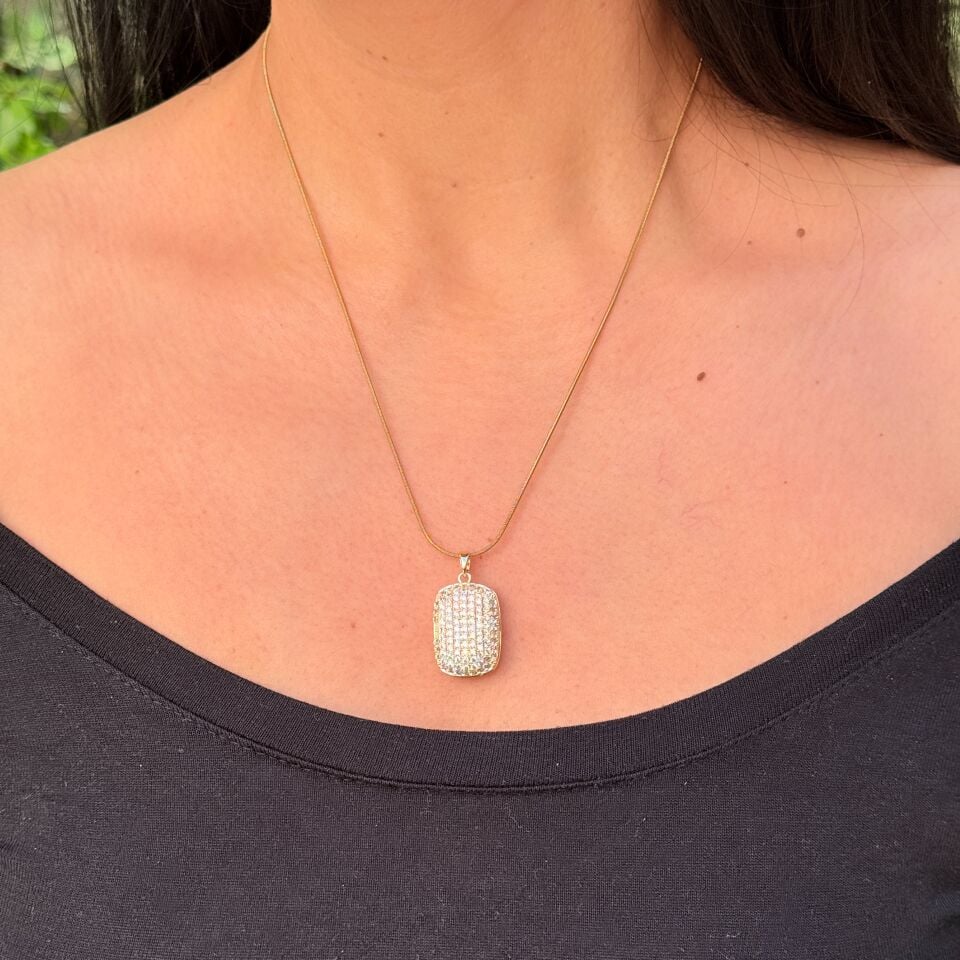 Baget Zirkon Taşlı Kapaklı Kolye Çelik Gold