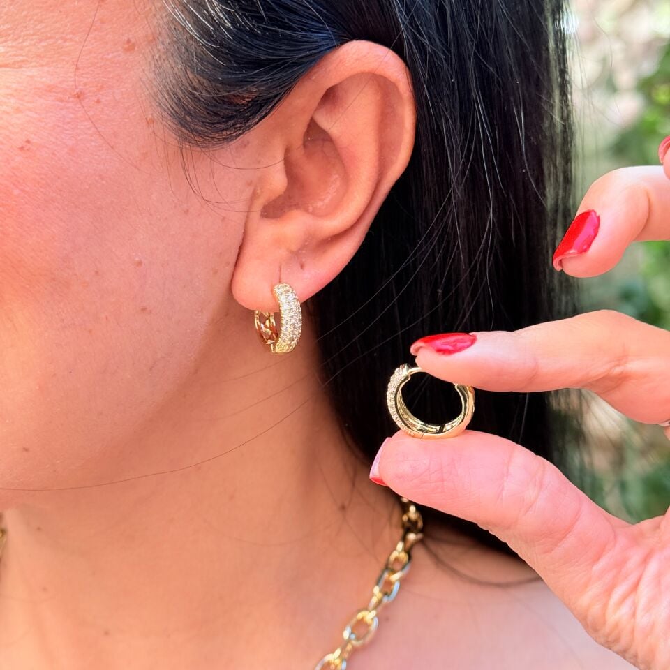 Halka Zirkon Taşlı Paslanmaz Çelik Küpe Gold