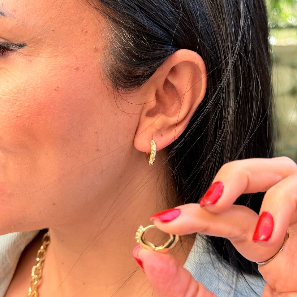 Oval Halka Zirkon Taşlı Paslanmaz Çelik Küpe Gold