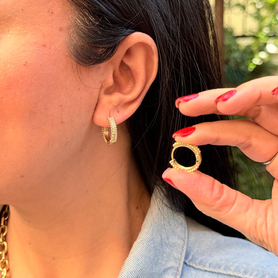 Halka Tırtıklı Zirkon Taşlı Paslanmaz Çelik Küpe Gold