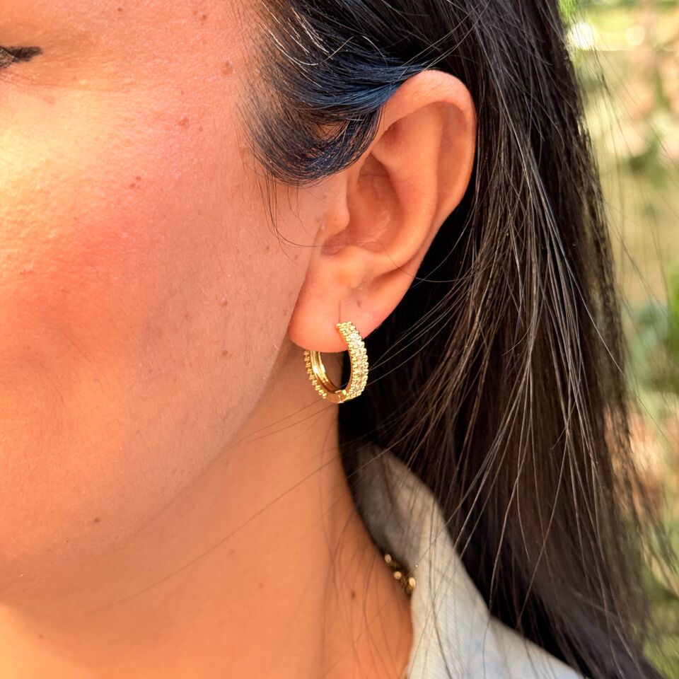 Halka Tırtıklı Zirkon Taşlı Paslanmaz Çelik Küpe Gold