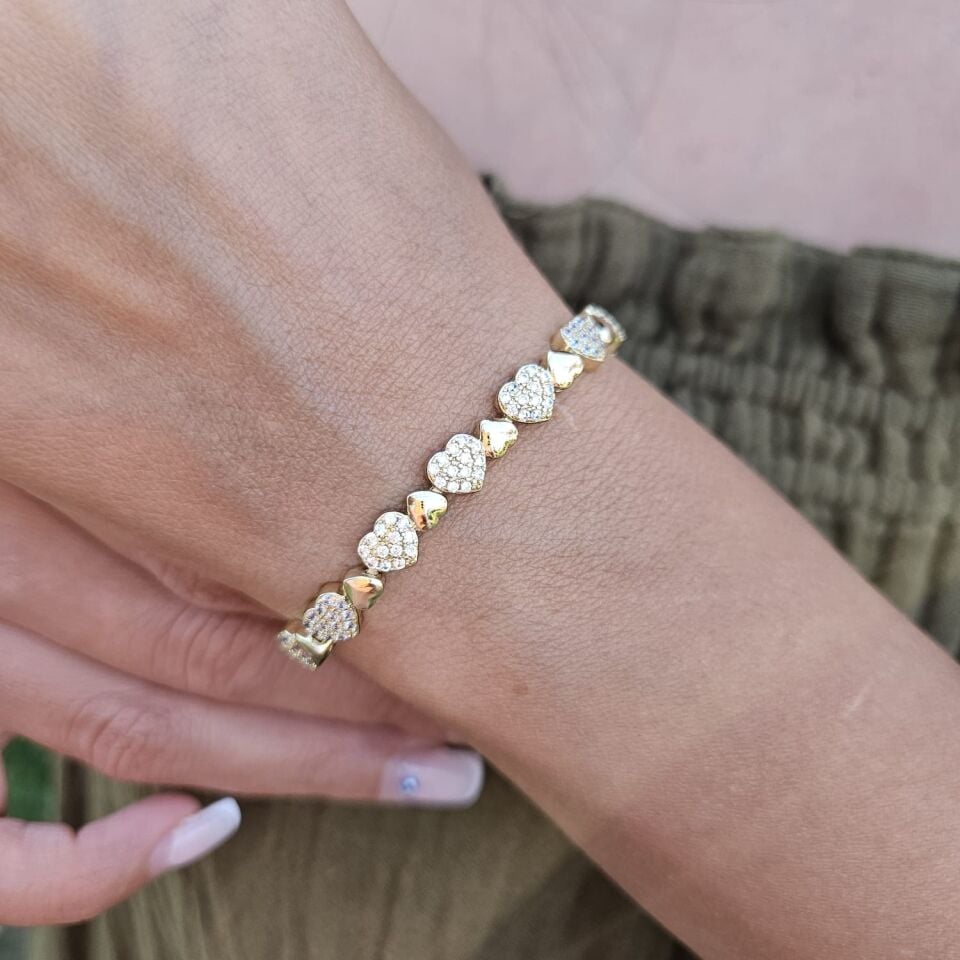 Sıra Kalp Zirkon Taşlı Xuping Bileklik Gold