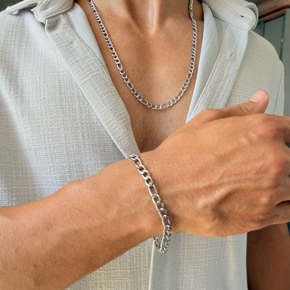 Figaro Gümüş Paslanmaz Çelik Erkek Kadın Kolye Silver